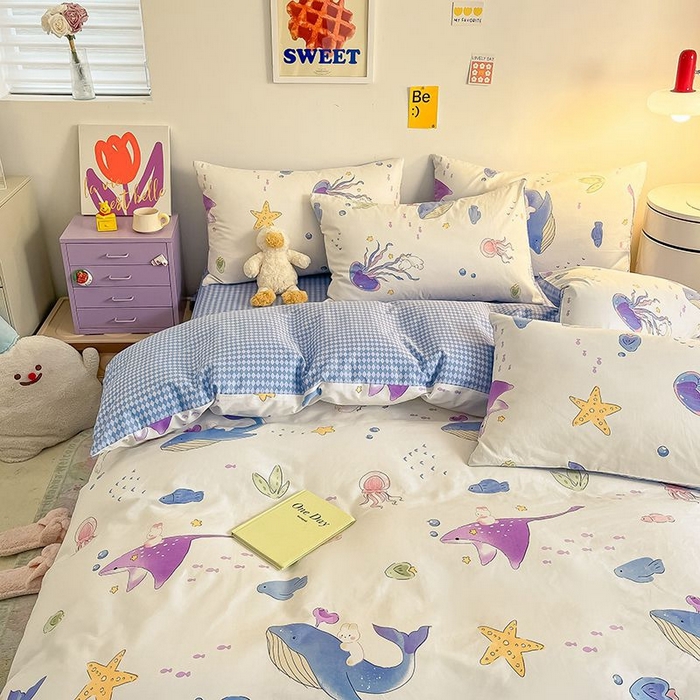 91家纺网 家纺一手货源 找家纺 麦伦家居 2024全棉斜纹13372小清新碎花卡通系列四件套 海底世界