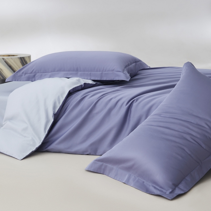 91家纺网 家纺一手货源 找家纺 轩和家居 2024新款简约纯色50s长绒棉贡缎四件套 海茵蓝+碧落蓝