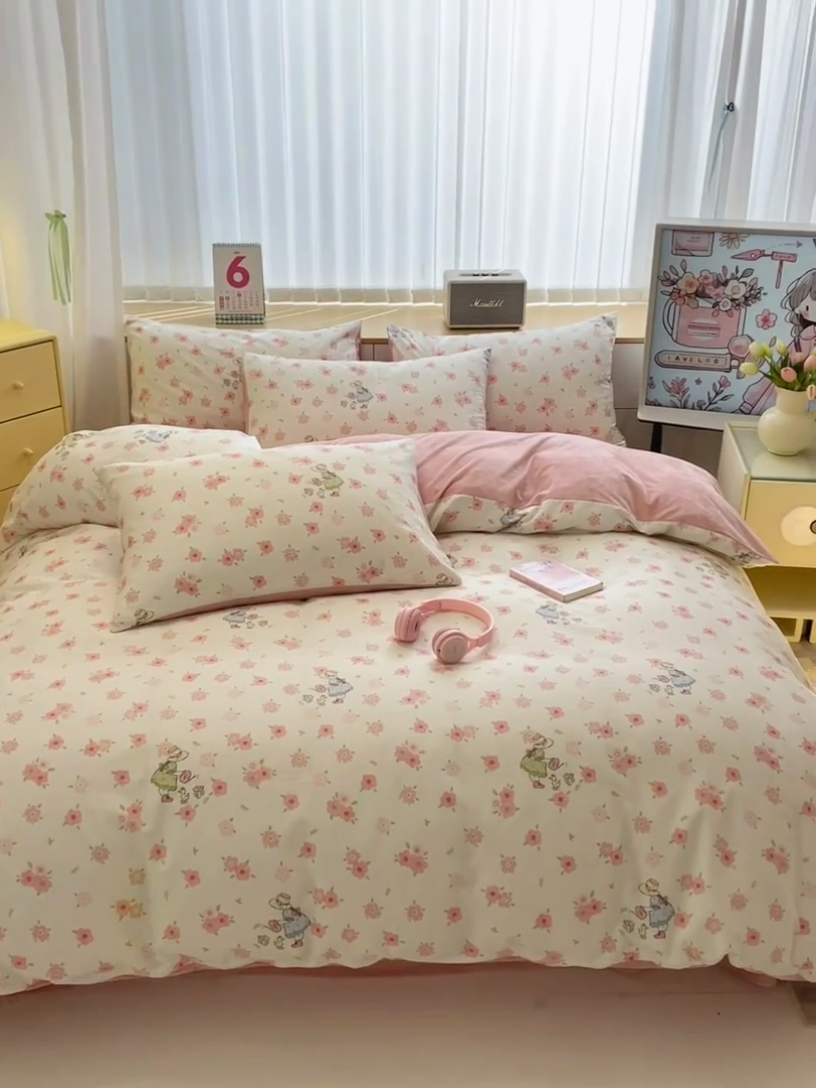 91家纺网 家纺一手货源 找家纺 清雅福 2024新款小清新ins棉加绒印花四件套系列-棉绒风格二 美丽人生