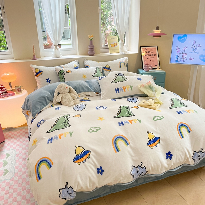 91家纺网 家纺一手货源 找家纺 雅居纺家纺 2024新款高克重印花牛奶绒四件套 开心龙