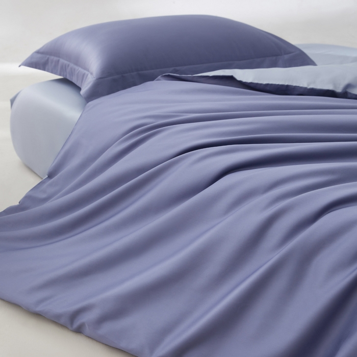 91家纺网 家纺一手货源 找家纺 轩和家居 2024新款简约纯色50s长绒棉贡缎四件套 海茵蓝+碧落蓝