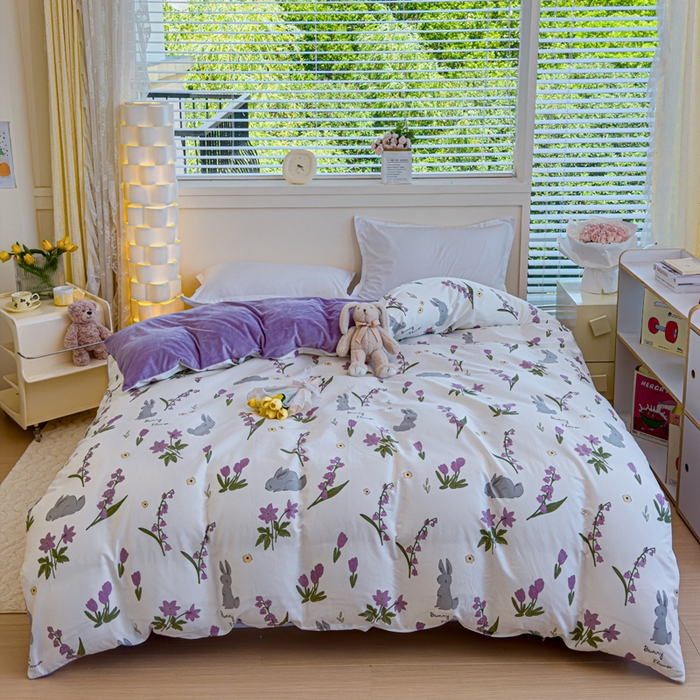 91家纺网 家纺一手货源 找家纺 清雅福 2024新款小清新ins棉加绒印花四件套系列-棉绒风格一 棉绒紫色花铃