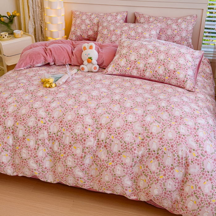 91家纺网 家纺一手货源 找家纺 清雅福 2024新款小清新ins棉加绒印花四件套系列-棉绒风格一 棉绒恋语