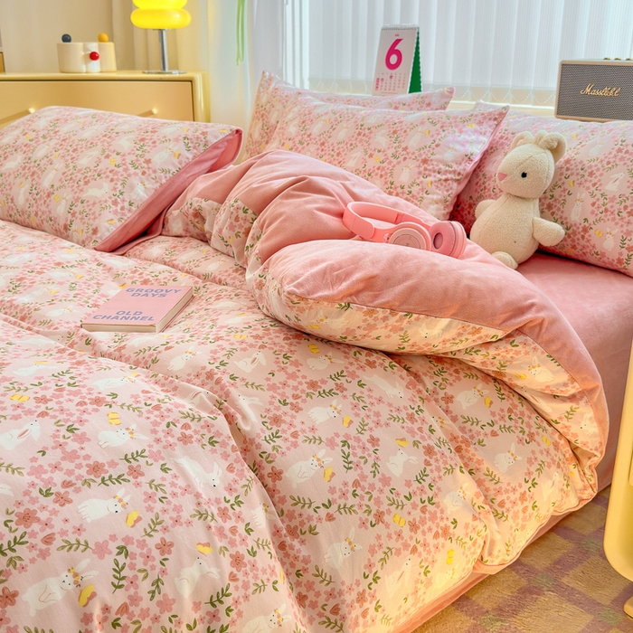 91家纺网 家纺一手货源 找家纺 清雅福 2024新款小清新ins棉加绒印花四件套系列-棉绒风格二 恋语