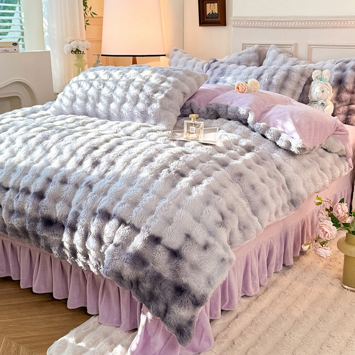 91家纺网 家纺一手货源 找家纺 欧冠家纺 2024秋冬新款纯色泡泡绒和七彩泡泡床裙款四件套 七彩-梦幻紫