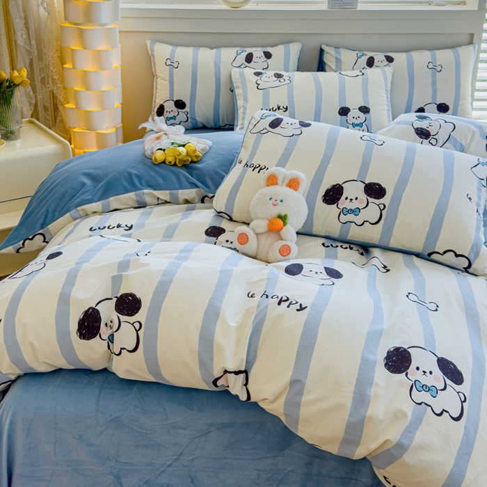 91家纺网 家纺一手货源 找家纺 清雅福 2024新款小清新ins棉加绒印花四件套系列-棉绒风格一 棉绒条纹狗狗