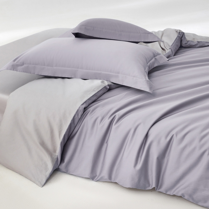 91家纺网 家纺一手货源 找家纺 轩和家居 2024新款简约纯色50s长绒棉贡缎四件套 仙仙紫+雅士灰