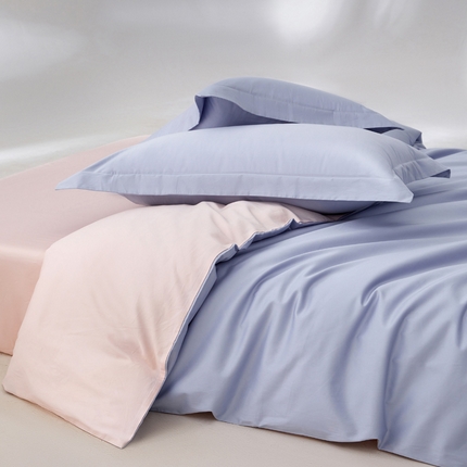 轩和家居 2024新款简约纯色50s长绒棉贡缎四件套 碧落蓝+夏恋粉