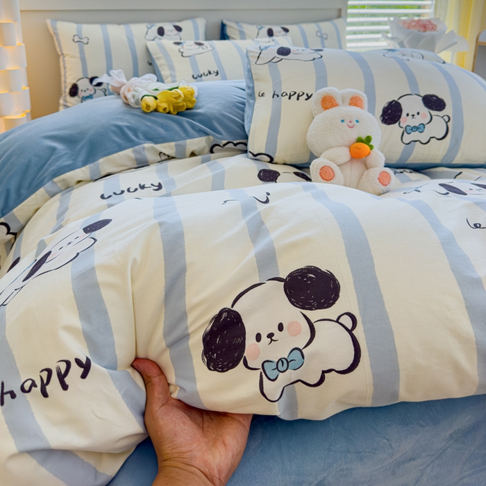 91家纺网 家纺一手货源 找家纺 清雅福 2024新款小清新ins棉加绒印花四件套系列-棉绒风格一 棉绒条纹狗狗