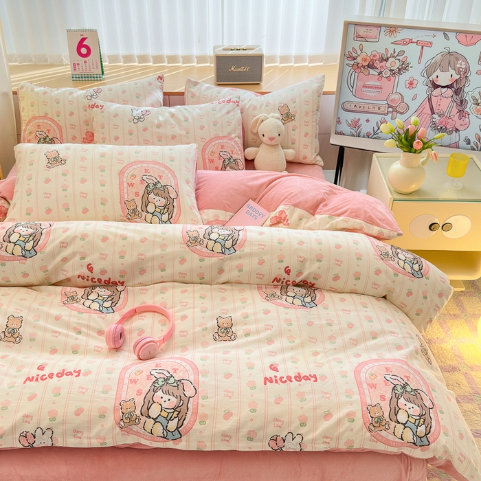 91家纺网 家纺一手货源 找家纺 清雅福 2024新款小清新ins棉加绒印花四件套系列-棉绒风格二 小公主