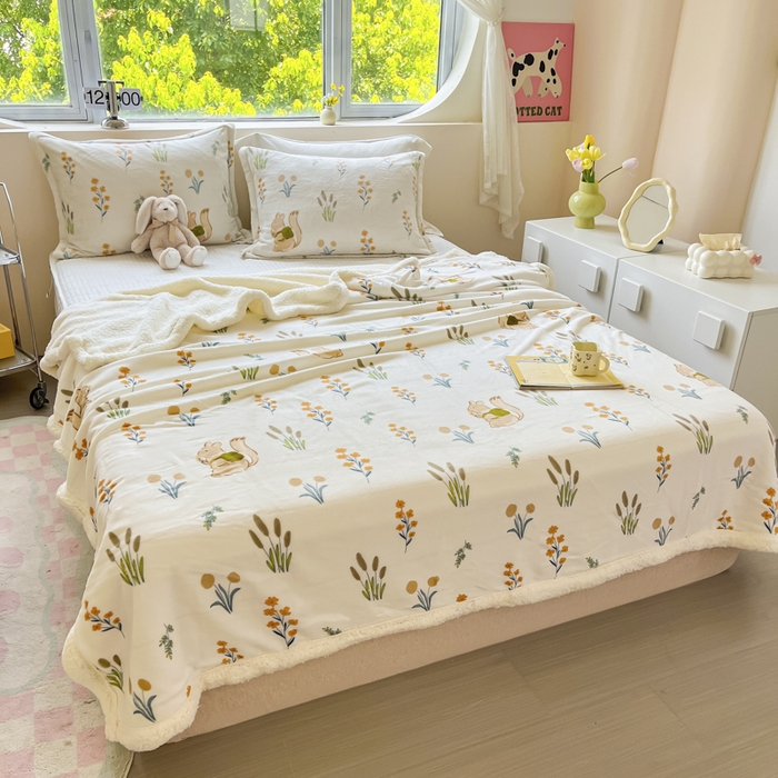 91家纺网 家纺一手货源 找家纺 沐慕 2024新款AB版牛奶绒拼羊羔绒毛毯毯子 毛毯-田园松鼠