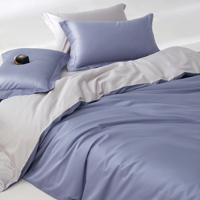 91家纺网 家纺一手货源 找家纺 轩和家居 2024新款简约纯色50s长绒棉贡缎四件套 海茵蓝+雅士灰