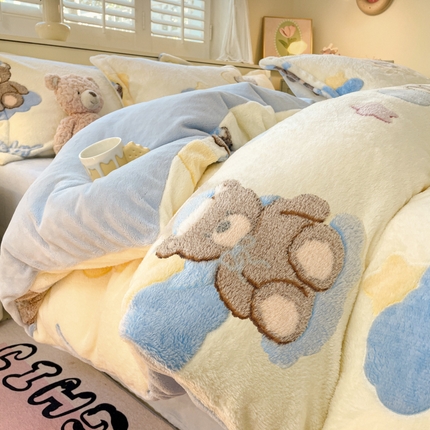 沐慕 2024新款卡通印花雪花绒四件套加厚牛奶绒四件套 可爱熊