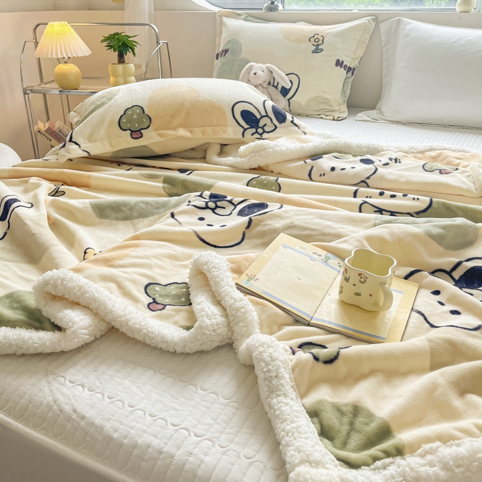 91家纺网 家纺一手货源 找家纺 沐慕 2024新款AB版牛奶绒拼羊羔绒毛毯毯子 毛毯-绿色爱心兔