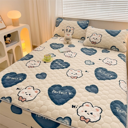 梦舒羽 2025新款牛奶绒夹棉床笠三件套床罩床单床盖护垫套 爱心兔