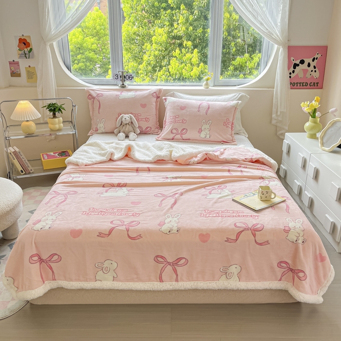 91家纺网 家纺一手货源 找家纺 沐慕 2024新款AB版牛奶绒拼羊羔绒毛毯毯子 毛毯-仙仙兔