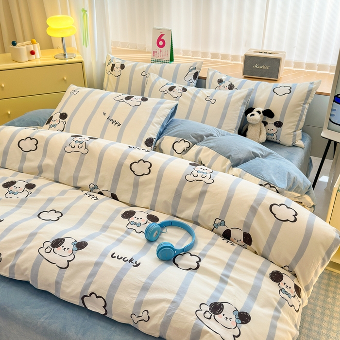 91家纺网 家纺一手货源 找家纺 清雅福 2024新款小清新ins棉加绒印花四件套系列-棉绒风格二 条纹狗狗