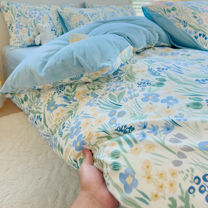 91家纺网 家纺一手货源 找家纺 清雅福 2024新款小清新ins棉加绒印花四件套系列-棉绒风格一 棉绒踏青