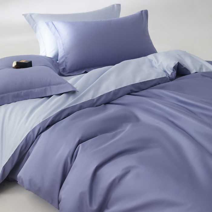 91家纺网 家纺一手货源 找家纺 轩和家居 2024新款简约纯色50s长绒棉贡缎四件套 海茵蓝+碧落蓝