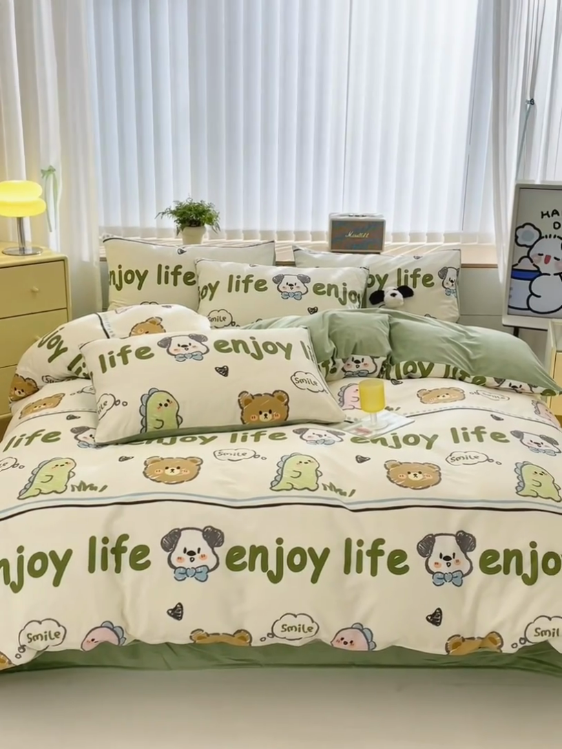 91家纺网 家纺一手货源 找家纺 清雅福 2024新款小清新ins棉加绒印花四件套系列-棉绒风格二 哈哈乐园