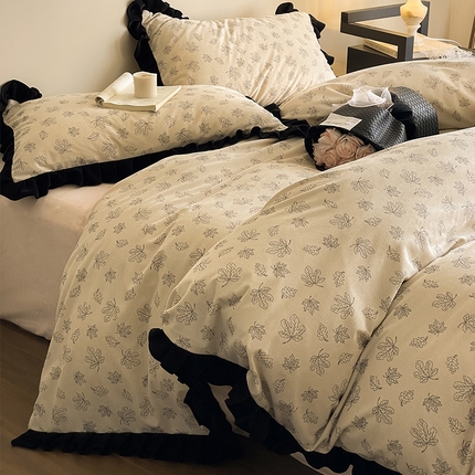 羚羊语家纺 2024新款轻法式赫本风灯芯绒四件套提花立体韩版花边牛奶绒三件套 繁花