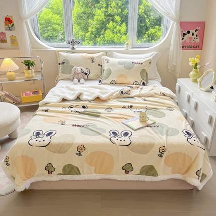 沐慕 2024新款AB版牛奶绒拼羊羔绒毛毯毯子 毛毯-绿色爱心兔