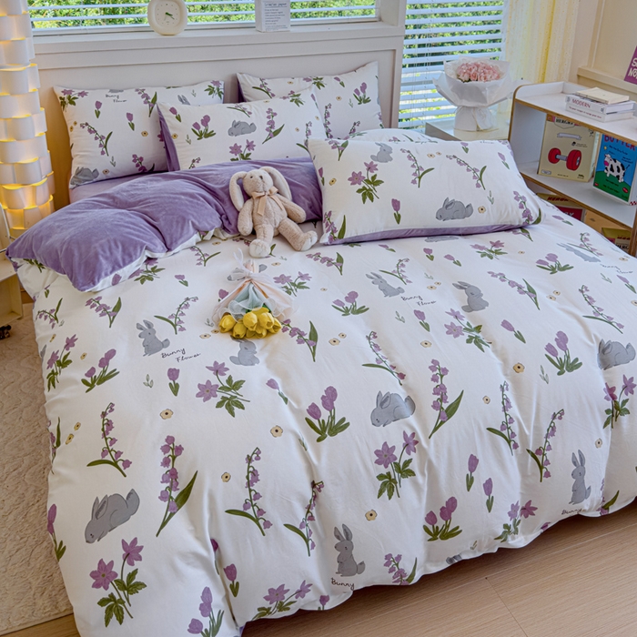 91家纺网 家纺一手货源 找家纺 清雅福 2024新款小清新ins棉加绒印花四件套系列-棉绒风格一 棉绒紫色花铃