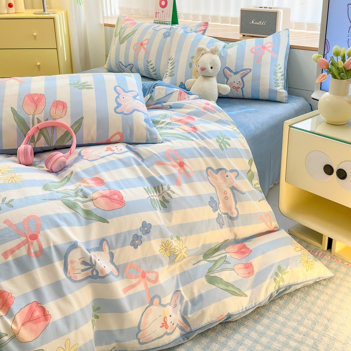 91家纺网 家纺一手货源 找家纺 清雅福 2024新款小清新ins棉加绒印花四件套系列-棉绒风格二 大白兔