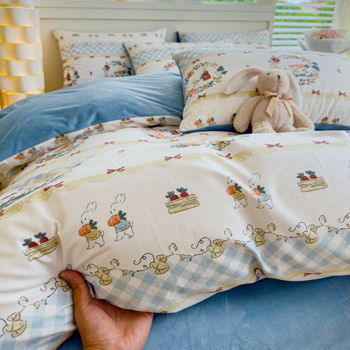 91家纺网 家纺一手货源 找家纺 清雅福 2024新款小清新ins棉加绒印花四件套系列-棉绒风格一 棉绒维西兔