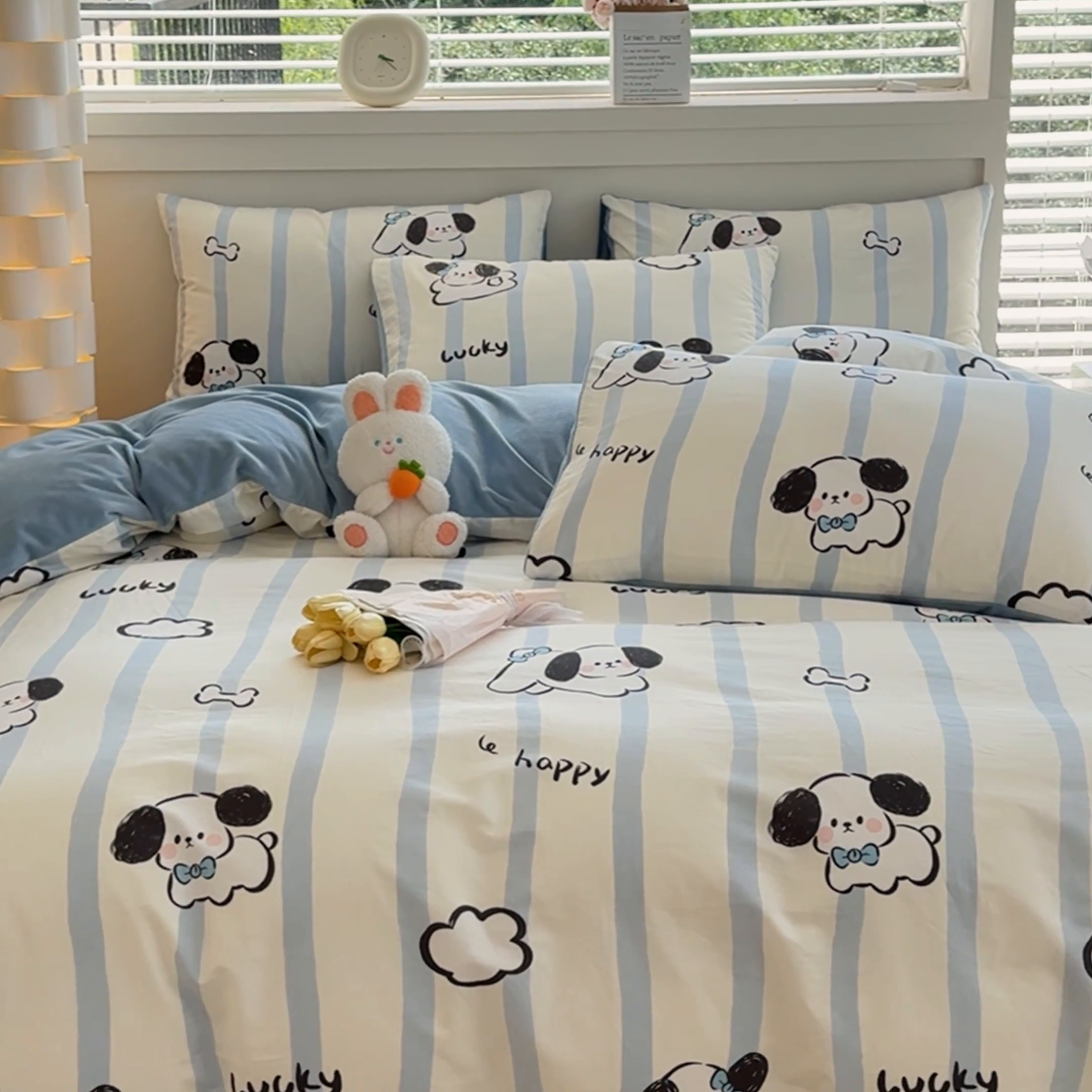 91家纺网 家纺一手货源 找家纺 清雅福 2024新款小清新ins棉加绒印花四件套系列-棉绒风格一 棉绒条纹狗狗