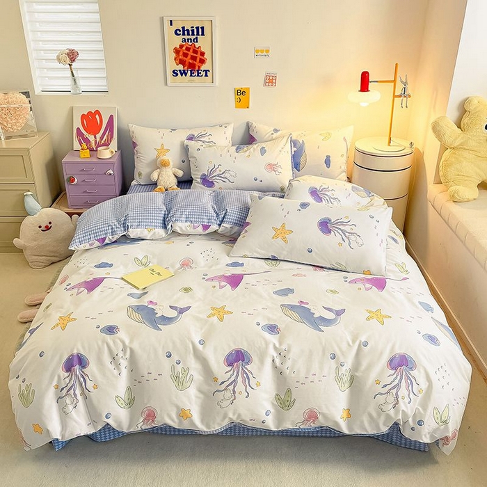 91家纺网 家纺一手货源 找家纺 麦伦家居 2024全棉斜纹13372小清新碎花卡通系列四件套 海底世界