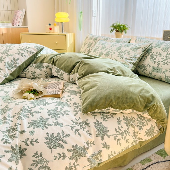 91家纺网 家纺一手货源 找家纺 清雅福 2024新款小清新ins棉加绒印花四件套系列-棉绒风格二 绿意黯然