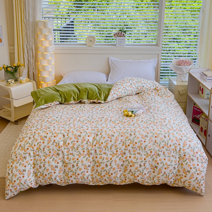 91家纺网 家纺一手货源 找家纺 清雅福 2024新款小清新ins棉加绒印花四件套系列-棉绒风格一 棉绒花千朵