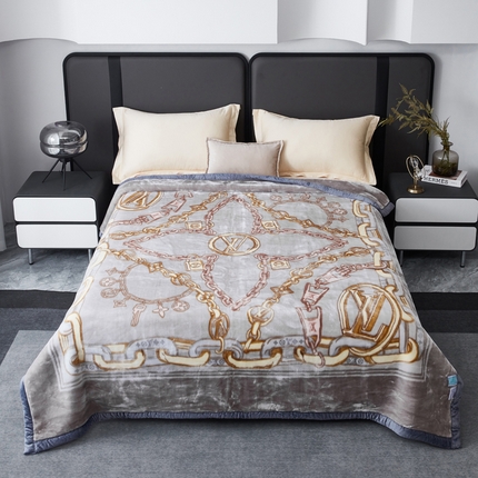 凯轩毛毛毯毯子网销专供 2024新款新中式大版印花双层云毛毯毯子 欧情