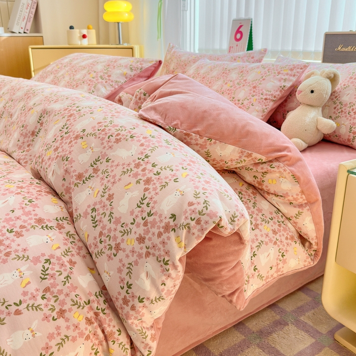 91家纺网 家纺一手货源 找家纺 清雅福 2024新款小清新ins棉加绒印花四件套系列-棉绒风格二 恋语