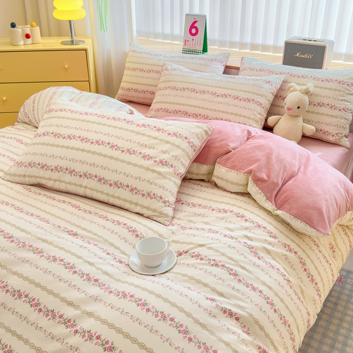 91家纺网 家纺一手货源 找家纺 清雅福 2024新款小清新ins棉加绒印花四件套系列-棉绒风格二 玫瑰物语