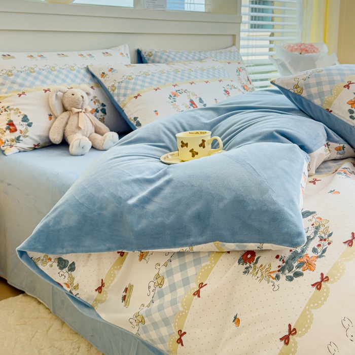 91家纺网 家纺一手货源 找家纺 清雅福 2024新款小清新ins棉加绒印花四件套系列-棉绒风格一 棉绒维西兔