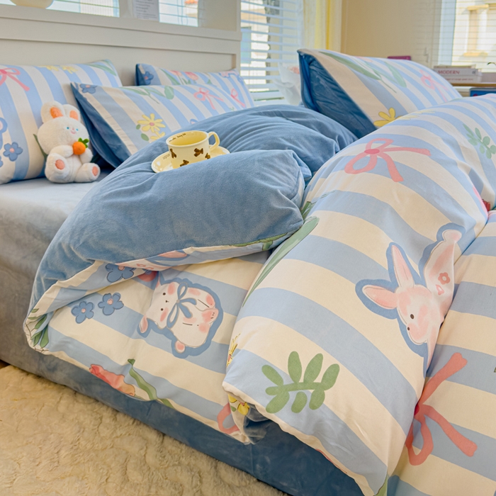 91家纺网 家纺一手货源 找家纺 清雅福 2024新款小清新ins棉加绒印花四件套系列-棉绒风格一 棉绒大白兔