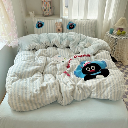 桃子家居 2024新款A类ins纯棉色织水洗棉毛巾绣可爱卡通系列四件套 棉毛巾绣-蓝鱼企鹅