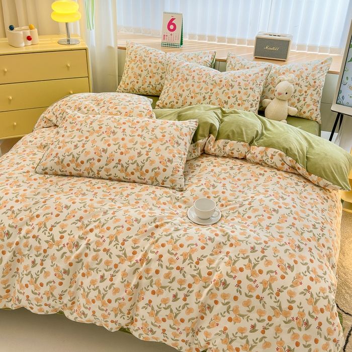 91家纺网 家纺一手货源 找家纺 清雅福 2024新款小清新ins棉加绒印花四件套系列-棉绒风格二 花千朵