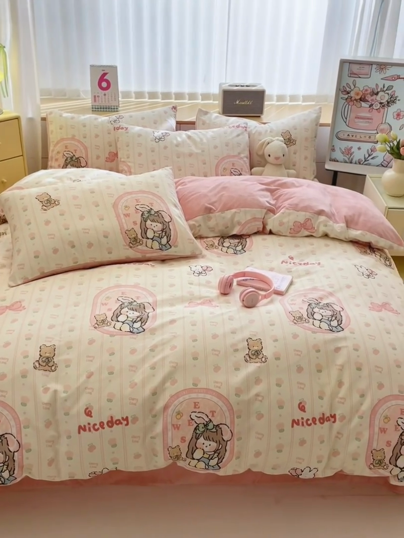 91家纺网 家纺一手货源 找家纺 清雅福 2024新款小清新ins棉加绒印花四件套系列-棉绒风格二 小公主