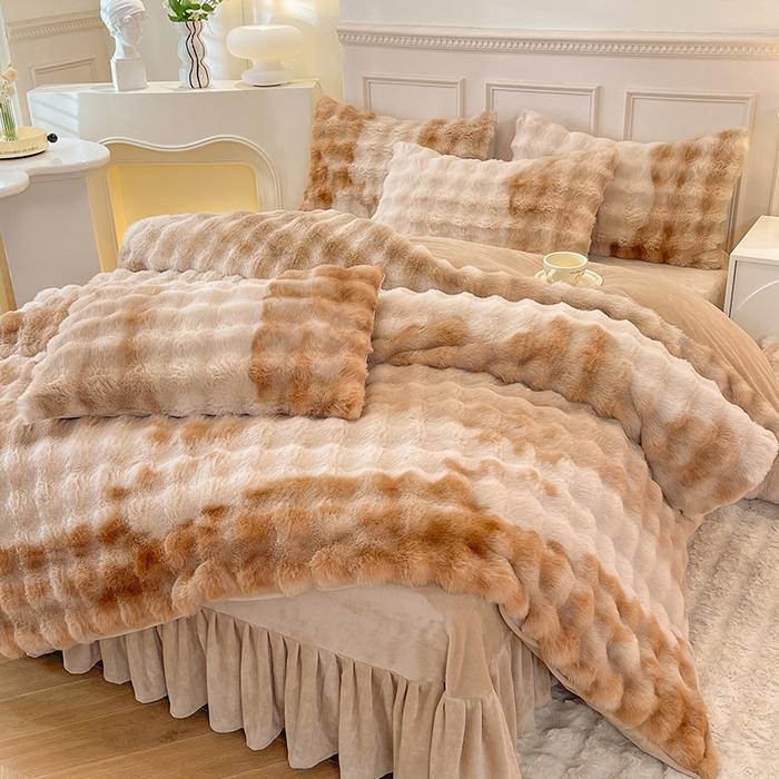 91家纺网 家纺一手货源 找家纺 欧冠家纺 2024秋冬新款纯色泡泡绒和七彩泡泡床裙款四件套 七彩-奶咖色