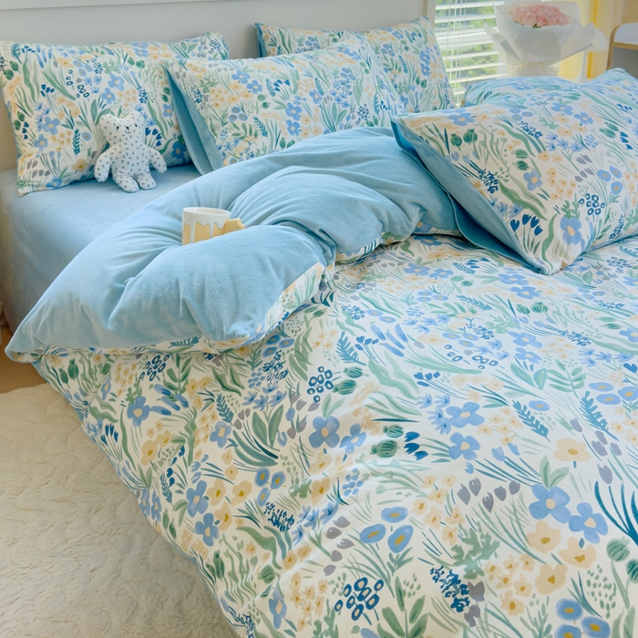 91家纺网 家纺一手货源 找家纺 清雅福 2024新款小清新ins棉加绒印花四件套系列-棉绒风格一 棉绒踏青