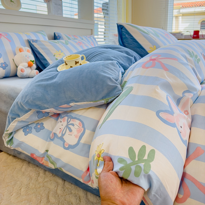 91家纺网 家纺一手货源 找家纺 清雅福 2024新款小清新ins棉加绒印花四件套系列-棉绒风格一 棉绒大白兔