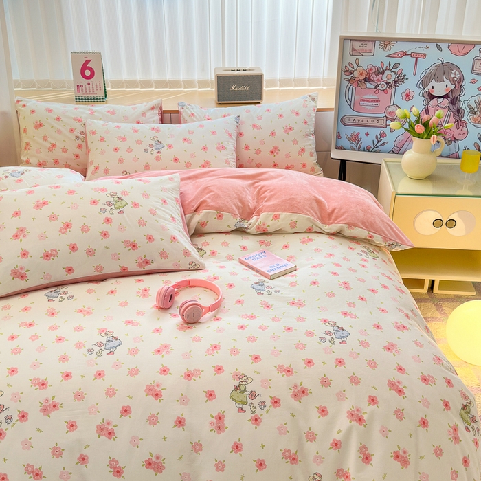 91家纺网 家纺一手货源 找家纺 清雅福 2024新款小清新ins棉加绒印花四件套系列-棉绒风格二 美丽人生