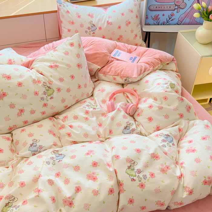 91家纺网 家纺一手货源 找家纺 清雅福 2024新款小清新ins棉加绒印花四件套系列-棉绒风格二 美丽人生