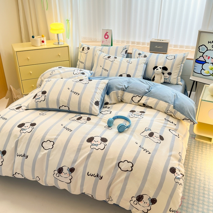 91家纺网 家纺一手货源 找家纺 清雅福 2024新款小清新ins棉加绒印花四件套系列-棉绒风格二 条纹狗狗