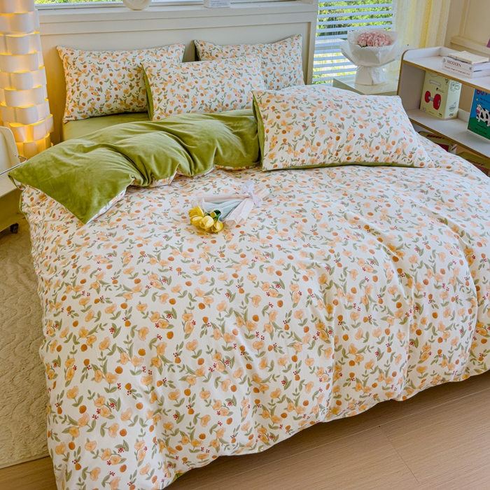 91家纺网 家纺一手货源 找家纺 清雅福 2024新款小清新ins棉加绒印花四件套系列-棉绒风格一 棉绒花千朵