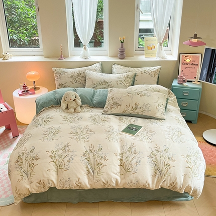 雅居纺家纺 2024新款高克重印花牛奶绒四件套 仙草