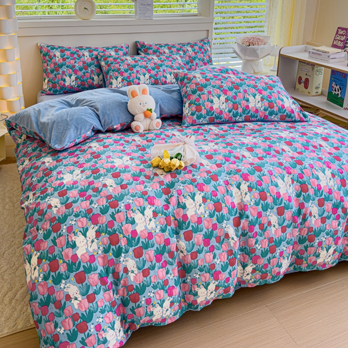 91家纺网 家纺一手货源 找家纺 清雅福 2024新款小清新ins棉加绒印花四件套系列-棉绒风格一 棉绒爱情兔